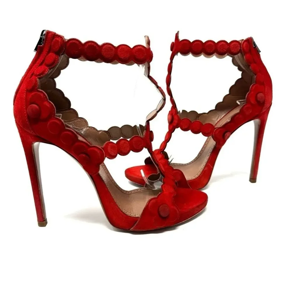 Alaia La Bombe T‑Strap Red Suede Pumps Floral Heels Size 37 / US 7